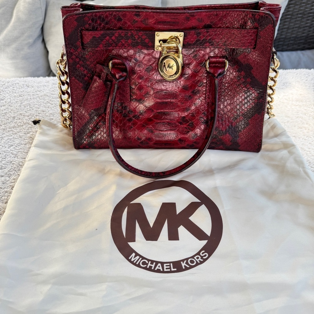 Michael Kors Burgundy Snake Print Satchel
